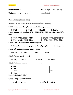 Đề ôn tập môn Toán Lớp 4 - Học kì I
